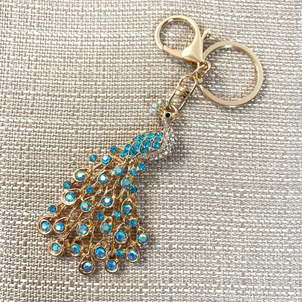 Peacock Rhinestone Charm Keychain Key Holder Multicolor Gold Tone Metal New